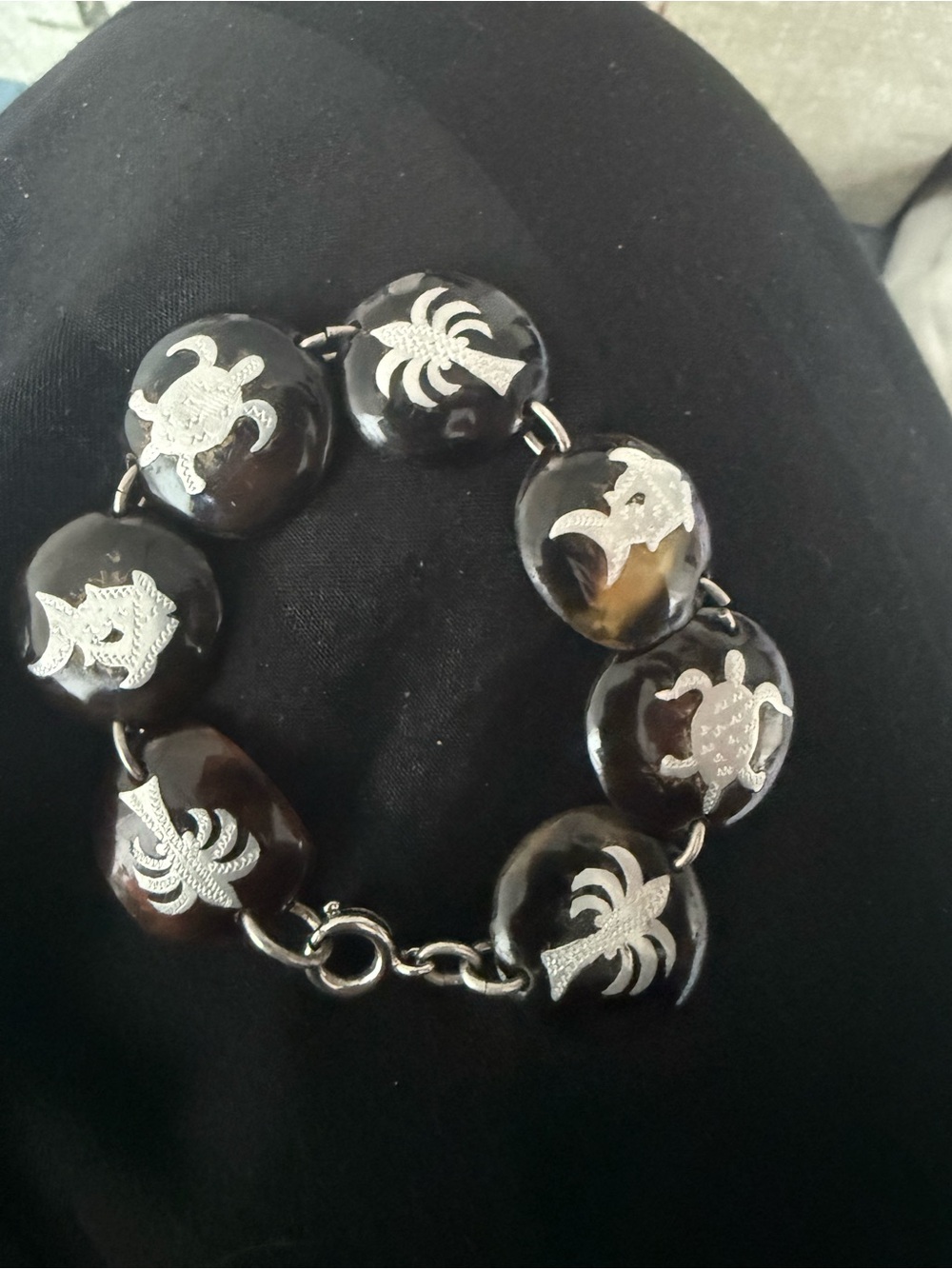 Source Unknown Brown Tortoiseshell Bead Bracelet with Silver Sea Motifs